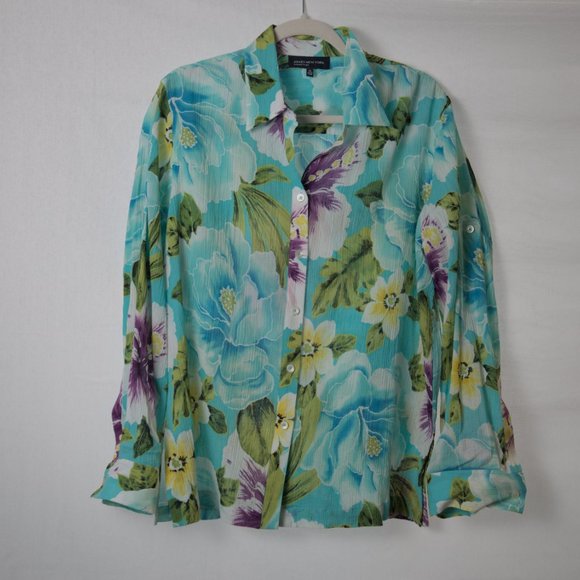 Jones New York Signature Tropical Print 100% Cotton Button Down Shirt - Picture 2 of 6